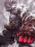  1boy belt clenched_hand clenched_teeth fog gouki grey_background muscle ponytail rope rope_belt sharp_teeth shu-mai simple_background solo spiked_hair street_fighter street_fighter_iv_(series) teeth white_eyes 