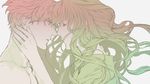  closed_eyes collarbone enkidu_(fate/strange_fake) fate/stay_night fate/strange_fake fate/zero fate_(series) gilgamesh gradient green_hair hand_on_another's_cheek hand_on_another's_face long_hair male_focus monochrome multiple_boys npn nude otoko_no_ko short_hair smile 