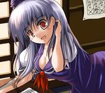  blue_hair blush breasts cleavage desk hat kamishirasawa_keine leaning_forward long_hair medium_breasts open_mouth paper red_eyes smile solo touhou tsuzuri_(tuzuri) 