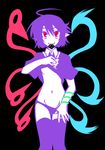  asymmetrical_wings black_background condom condom_in_mouth hemogurobin_a1c houjuu_nue mouth_hold navel panties panty_pull purple_hair red_eyes simple_background smile solo thighhighs touhou underwear wings 