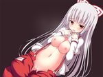  bad_id bad_pixiv_id bow breasts censored dress_shirt fujiwara_no_mokou long_hair medium_breasts navel nipples no_panties open_clothes open_shirt pants pants_down pussy red_eyes ribbon shirt silver_hair solo suspenders touhou very_long_hair yako 