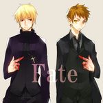  blonde_hair blood brown_hair cosplay cross emiya_kiritsugu emiya_kiritsugu_(cosplay) emiya_shirou fate/stay_night fate/zero fate_(series) gilgamesh haine_(howling) kotomine_kirei kotomine_kirei_(cosplay) long_coat male_focus multiple_boys necktie pointing red_eyes yellow_eyes 