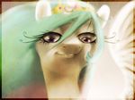 crown equine female friendship_is_magic green_hair grin hair hi_res horn horse imalou mammal my_little_pony pony princess_celestia_(mlp) purple_eyes solo winged_unicorn wings 