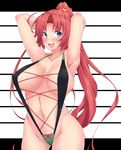  :d alternate_hairstyle ao_banana areola_slip areolae armpits arms_behind_head arms_up blue_eyes blush breasts cameltoe covered_nipples fang hair_ornament highres hong_meiling jpeg_artifacts large_breasts long_hair navel open_mouth outstretched_arms ponytail puffy_nipples red_hair slingshot_swimsuit smile solo star swimsuit tongue touhou 