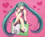 character_name digital_media_player green_eyes green_hair hatsune_miku headphones heart ipod kisaragi_n long_hair necktie sitting skirt smile solo striped striped_background twintails very_long_hair vocaloid wrist_cuffs 