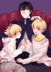  ahoge bad_id bad_pixiv_id black_eyes black_hair blonde_hair blush child child_gilgamesh dual_persona fang fate/hollow_ataraxia fate/zero fate_(series) gilgamesh jewelry kotomine_kirei male_focus multiple_boys necklace older picoteku red_eyes younger 