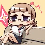  blush_stickers brown_hair chibi couch crossed_legs flipped_hair funakubo_hiroko glasses ipad moja_(gibson) purple_eyes saki saki_achiga-hen school_uniform senriyama_school_uniform serafuku short_hair sitting skirt smirk solo tablet_pc 