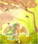  birds detailed_background equine female feral friendship_is_magic garden hair horn horse mammal multi-colored_hair my_little_pony pony princess princess_celestia_(mlp) royalty solo winged_unicorn wings 