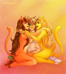  angelina_onyx black_hair blonde_hair blue_eyes bow breasts brown_hair cat deity demon feline female friends goddess green_eyes group hair hug hugs mammal natasha_onyx one_eye_closed red_eyes regina_kukklitaat_santkitankni sandals smile stripes torheit torheit-die-katze wink 