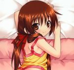  1girl bed brown_eyes brown_hair from_above hayami_ayumi inou_shin loli long_hair looking_at_viewer looking_back lowres lying smile solo submarine_707r 