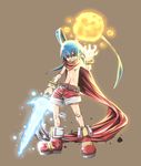  antenna_hair belt blue_hair boots bracelet disgaea energy_ball energy_blade fang grin highres jewelry laharl makai_senki_disgaea male_focus red_eyes red_scarf red_shorts scarf shirtless shorts smile solo standing warumono_tomii 