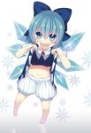  :d barefoot bloomers blue_dress blue_eyes blue_hair blush bow cirno dress dress_lift hair_bow lifted_by_self looking_at_viewer midriff minamura_haruki navel open_mouth shirt short_hair smile solo touhou underwear v-shaped_eyebrows wings 