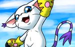  black_nose blue_eyes claws clothed clothing digimon digimon_(species) digital_media_(artwork) ear_tuft feline female fur gatomon gloves mammal milesnukem multicolored_fur open_mouth smile solo tongue tuft whiskers white_fur 