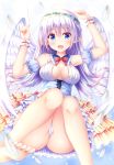  1girl :d angel_wings arms_up bare_shoulders barefoot blue_eyes blush bow breasts cleavage detached_sleeves feathers head_wreath knees_up long_hair medium_breasts open_mouth original panties pantyshot pantyshot_(sitting) pointy_ears puffy_short_sleeves puffy_sleeves purple_hair short_sleeves sitting smile solo suzukawa_yui underwear white_wings wings wrist_cuffs 