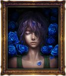  absurdres bad_end bad_id bad_pixiv_id blue_flower blue_rose closed_eyes faux_traditional_media flower frame garry_(ib) hair_over_one_eye highlights highres ib lips male_focus multicolored_hair petals portrait portrait_(object) purple_hair realistic rose rose_petals solo yuanmaru 