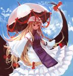  dress gap hat hat_ribbon highres long_hair red_eyes ribbon smile solo touhou umbrella yakumo_yukari zrero 