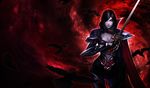  alternate_costume alternate_eye_color alternate_hair_color armor bangs bird black_hair breastplate breasts cape cleavage cowboy_shot crow fingerless_gloves fiora_laurent gem gloves gothic greaves hair_over_one_eye holding holding_weapon league_of_legends lips looking_at_viewer medium_breasts nightraven_fiora official_art pale_skin pauldrons rapier red red_eyes solo sword vambraces weapon 