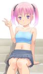  meow_(nekodenki) midriff navel original pink_hair purple_eyes short_hair solo twintails v w 