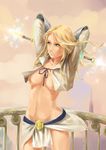 absurdres arms_behind_head arms_up blonde_hair blue_eyes breasts front-tie_top highres hips league_of_legends long_hair luxanna_crownguard medium_breasts midriff navel no_bra no_lineart skirt solo sparkle tychytamara underboob wand 