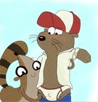  clothing doug_(regular_show) gay hat male mammal mustelid otter raccoon regular_show rigby shirt underwear undressing 