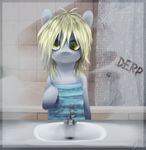 amber_eyes anthro anthrofied blonde_hair curtains derpy_hooves_(mlp) equine female friendship_is_magic hair horse imalou mammal mirror my_little_pony pony reflection shower sink solo towel 
