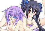  :o black_hair blue_eyes blush bow breasts breath collarbone ears girl_on_top hair_bow hair_ornament highres kami_jigen_game_neptune_v long_hair looking_at_viewer medium_breasts meimu_(infinity) multiple_girls neptune_(series) noire nude open_mouth purple_hair purple_heart red_eyes symbol-shaped_pupils tears twintails 
