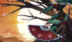  black_hair fan folding_fan japanese_clothes karma_(league_of_legends) kimono league_of_legends official_art petals solo sun tree 