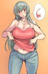  adjusting_clothes blush breasts cross-section curvy flying_sweatdrops jewelry large_breasts long_hair navel necklace older open_mouth red_eyes rozen_maiden shirt_tug silver_hair solo suigintou tank_top tsuda_nanafushi wide_hips 