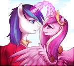  &hearts; &lt;3 blonde_hair blue_eyes blue_hair canon_couple clothed clothing crown equine eye_contact female feral friendship_is_magic hair horn horse imalou love magic male mammal multi-colored_hair my_little_pony open_mouth pink_hair pony princess_cadance_(mlp) princess_cadence_(mlp) purple_eyes purple_hair shining_armor_(mlp) simple_background sun two_tone_hair unicorn winged_unicorn wings 