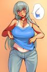  adjusting_clothes blush breasts cross-section curvy flying_sweatdrops jewelry large_breasts long_hair navel necklace older open_mouth red_eyes rozen_maiden shirt_tug silver_hair solo suigintou tan tank_top tanline tsuda_nanafushi wide_hips 