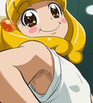  armpits bangs bare_shoulders blonde_hair blunt_bangs blush_stickers brown_eyes ceiling flat_chest foreshortening hairband hands_on_hips haruyama_kazunori kise_yayoi lights looking_at_viewer looking_back precure profile short_hair smile smile_precure! solo upper_body white_hairband 