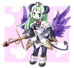  alfine green_eyes green_hair horns kugelschreiber long_hair open_mouth pantyhose purple_wings shinrabanshou smile solo tail wings 