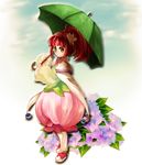  1girl bubble_skirt cape dress flower green_eyes hydrangea leaf long_hair pink_hair ponytail rubia_natwick shoes skirt solo tales_of_(series) tales_of_the_tempest umbrella 