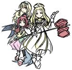  3girls blonde_hair blue_eyes capelet dress flower gloves green_eyes hairband hammer hat long_hair mint_adenade multiple_girls pink_hair rubia_natwick shirley_fennes shoes tales_of_(series) tales_of_legendia tales_of_phantasia tales_of_the_tempest weapon 