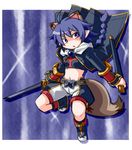  animal_ears blue_hair braid kugelschreiber matsuhime_mujina midriff shinrabanshou solo sword tail weapon 