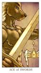  ace_of_swords_(tarot) anthro baen blonde_hair blue_eyes card crown feralise fur hair jewelry male melee_weapon minor_arcana muscular muscular_male necklace nipples sword tan_fur tarot_card weapon 