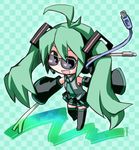  checkered checkered_background detached_sleeves green_hair hatsune_miku kimi_ni_mune_kyun kugelschreiber long_hair looking_at_viewer smile solo sunglasses twintails vocaloid yellow_magic_orchestra 