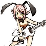  alternate_costume animal_ears bare_legs bare_shoulders bent_over bunny_ears bunny_girl bunnysuit cosplay detached_collar fang guitar haruhara_haruko haruhara_haruko_(cosplay) instrument kagehito mystia_lorelei no_wings open_mouth pink_hair short_hair simple_background sketch smile solo touhou white_background wrist_cuffs yellow_eyes 