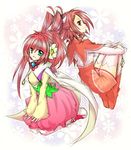  2girls breasts cape dress flower green_eyes long_hair multiple_girls pink_hair ponytail red_eyes red_hair rommy rubia_natwick shoes skirt tales_of_(series) tales_of_the_tempest thighhighs twintails 