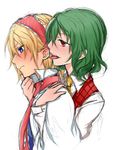  alice_margatroid blonde_hair blush chin_grab ear_licking green_hair hairband holding kazami_yuuka licking multiple_girls necktie profile short_hair tongue tongue_out touhou wa_(r_waizumi) white_background yuri 