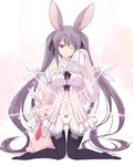  :p animal_ears babydoll bow bunny bunny_ears detached_sleeves grey_hair hair_bow kneeling long_hair navel necktie one_eye_closed original panties red_eyes satomi solo stuffed_animal stuffed_bunny stuffed_toy tears thighhighs tongue tongue_out twintails underwear very_long_hair yawning 