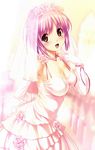  bare_shoulders blurry blush breasts bridal_veil bride church cleavage covered_nipples depth_of_field dress elbow_gloves finger_to_face flower gloves highres hinata_hanabi jewelry koutaro large_breasts necklace pew pink_hair red_eyes satin satin_dress scan short_hair smile solo tropical_kiss veil wedding_dress white_dress white_gloves 
