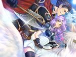  2girls armor axe blue_eyes blue_hair blush cape circlet farina_(fire_emblem) fingerless_gloves fire_emblem fire_emblem:_rekka_no_ken florina fujimaru_(green_sparrow) gloves green_eyes hector_(fire_emblem) holding holding_axe long_hair multiple_girls pegasus pegasus_knight purple_hair tears thighhighs weapon wings 