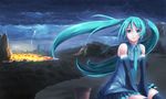  aqua_eyes aqua_hair bad_id bad_pixiv_id cloud detached_sleeves flower_pot hatsune_miku hello_planet_(vocaloid) lightning long_hair molten_rock necktie sashimin sitting skirt solo thighhighs twintails very_long_hair vocaloid 