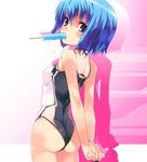  ass blue_eyes blue_hair casual_one-piece_swimsuit cropped dlsite.com duplicate elle_sweet food food_in_mouth highres looking_back one-piece_swimsuit popsicle refeia swimsuit 