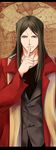  bad_id bad_pixiv_id black_eyes black_hair brown_eyes fate/zero fate_(series) finger_to_mouth highres long_hair lord_el-melloi_ii male_focus older solo waver_velvet zkxandy 