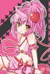  1girl amulet_heart artist_request bare_shoulders blush center_opening cheerleader flat_chest heart hinamori_amu midriff navel pink_hair shugo_chara! smile solo yellow_eyes 