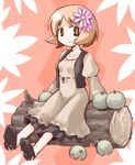  aki_minoriko brown_eyes brown_hair flower hair_flower hair_ornament kugelschreiber log short_hair sitting smile solo touhou 