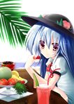  apple bad_id bad_pixiv_id banana blue_hair blush bow chocolate dx_(dekusu) food fruit hat hinanawi_tenshi juice leaf long_hair peach plate purple_eyes short_sleeves smile solo strawberry table touhou 