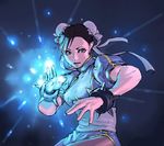  aian black_hair blue bracelet chinese_clothes chun-li double_bun gif_artifacts glowing jewelry open_mouth pantyhose pelvic_curtain puffy_sleeves short_sleeves solo spiked_bracelet spikes street_fighter 